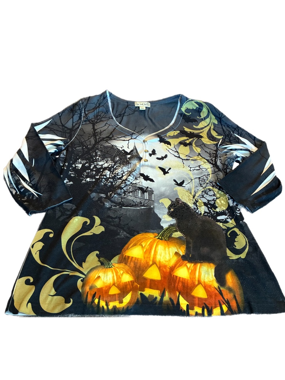 One World Halloween Black Cat Haunted Castle Pumpkin Graphic Embellished Size XL